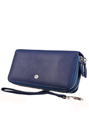 Шкіряний синій гаманець-клатч на дві блискавки | 6736816
