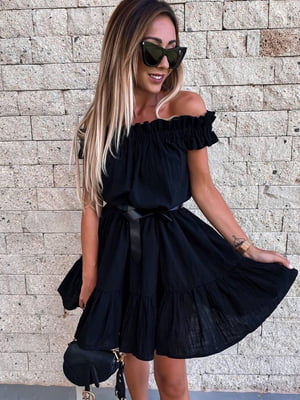 Сукня А-силуету чорна з поясом | 6737270