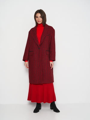 Однобортное черно-красное пальто из плетеного полотна с примесью шерсти | 6632499