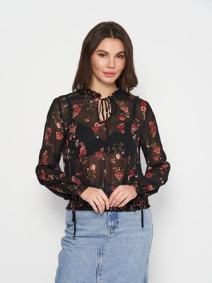 Блуза черная в цветочный принт с длинными рукавами | 6632588