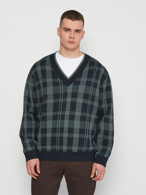 Пуловер серо-зеленый с V-образным вырезом жаккардовой вязки | 6632856