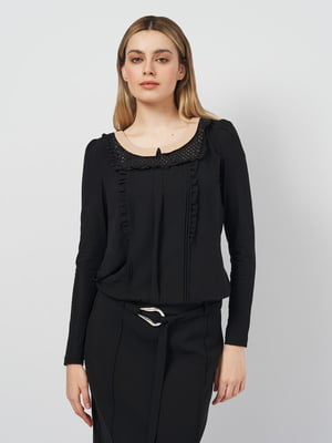 Блуза черная с декоративным воротник и рюшами | 6684652