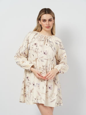 Коротка сукня кремового кольору в квітковий принт з пишними рукавами | 6684777