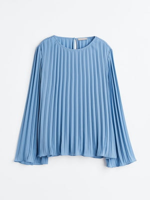 Блуза блакитна із плісованої тканини з круглим вирізом | 6684857