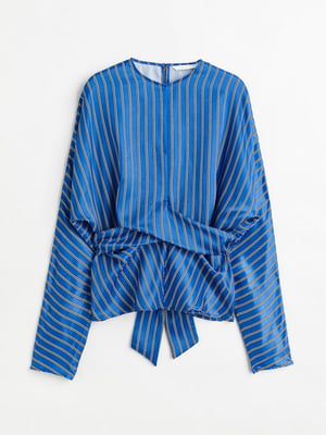 Блуза синяя в полоску с широкими завязкими на талии | 6684879