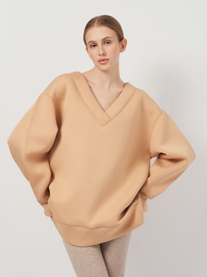 Подовжений бежевий пуловер оверсайз з м'якої еластичної тканини | 6684888