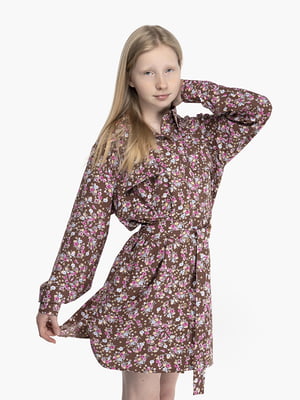 Сукня кавового кольору з квітковим  візерунком | 6744117