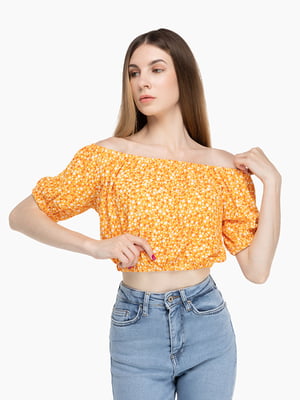 Укорочена помаранчева блуза в квітковий принт | 6745419