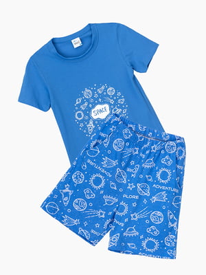 Синя бавовняна піжама: футболка і шорти | 6738917