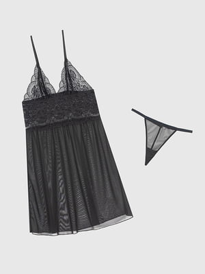 Комплект чорний: нічна сорочка та труси-стрінги | 6743015