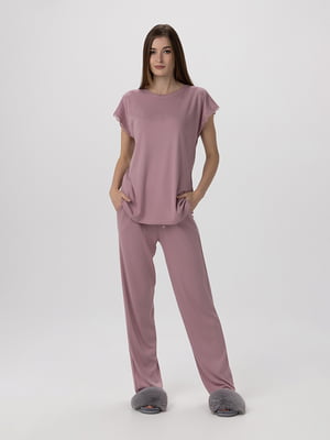 Піжама трикотажна пудрового кольору: футболка та штани | 6745439