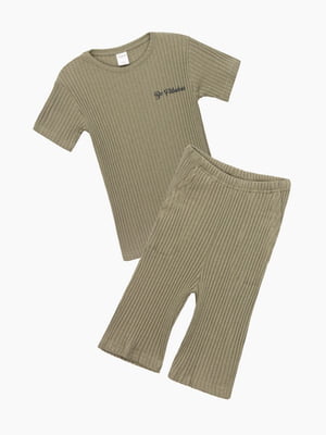 Піжама кольору хакі в рубчик: футболка та штани | 6747388