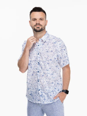 Біло-блакитна сорочка з принтом та коротким рукавом | 6746666