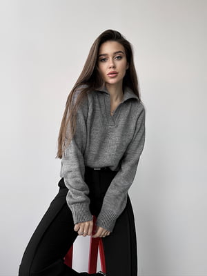 Вовняний сірий пуловер у стилі поло | 6759204