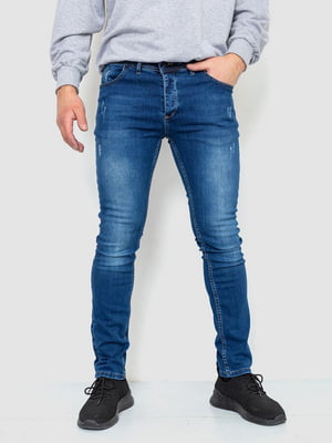 Зауженные синие джинсы с потертостями | 6759287