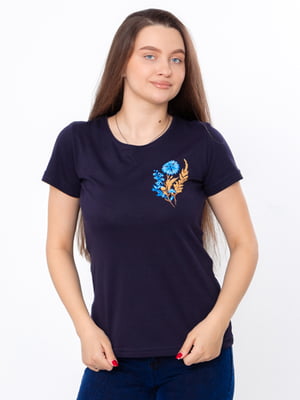 Чорнильно-синя футболка із куліру з принтом-волошкою | 6759978