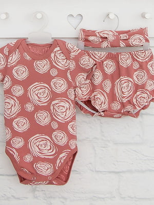 Комплект зі стрейч-куліру “Троянда” на теракоті: боді, блумери, повязка | 6760141