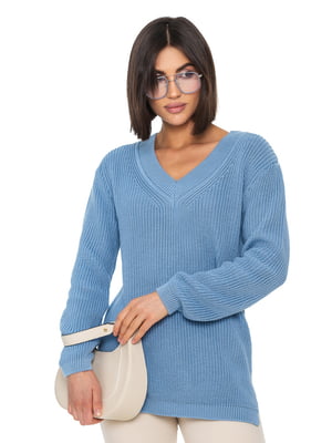 Подовжений блакитний пуловер з італійської пряжі | 6761087