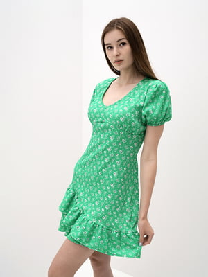 Зелена сукня А-силуету з оборкою та рукавом-ліхтариком | 6749747