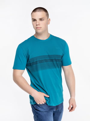 Бавовняна футболка бірюзового кольору з смужками | 6750020