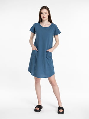 Синя однотонна сукня з коротким рукавом | 6748959
