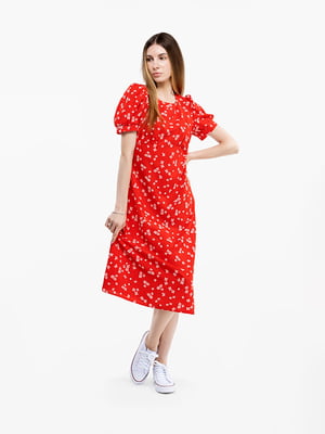 Червона сукня А-силуету в квітковий принт з коротким рукавом на манжеті | 6749171