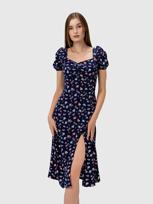 Синя сукня А-силуету з квітковим принтом та розрізом спереду | 6749350
