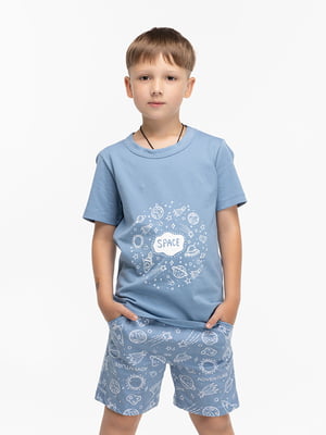 Синя бавовняна піжама: футболка і шорти | 6749760