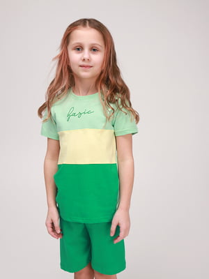 Зелено-жовта бавовняна піжама: футболка і шорти | 6751456