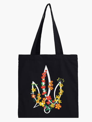 Еко-сумка чорна з принтом герб та квіти (34х38х27 см) | 6755417