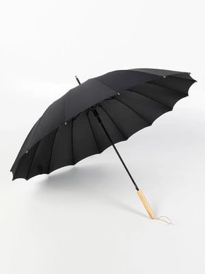 Зонт-трость черный с прямой деревянной ручкой (16 спиц) | 6764535
