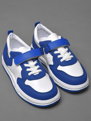 Кросівки біло-синього кольору на ліпучці та шнурівці | 6769496