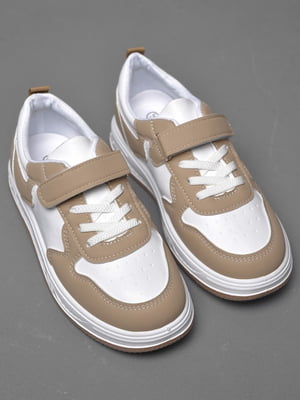Кросівки біло-бежевого кольору на ліпучці та шнурівці | 6769502