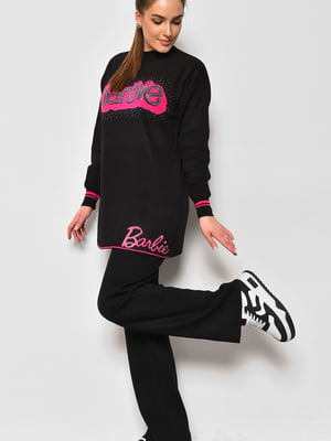 Чорний костюм: туніка оверсайз з написом Barbie і розкльошені штани | 6769771