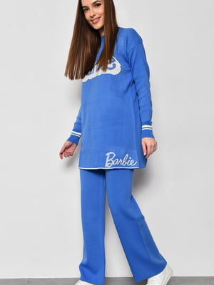 Блакитний костюм: туніка оверсайз з написом Barbie і розкльошені штани | 6769796