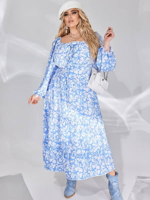 Блакитна сукня-міді вільного фасону в квітковий принт | 6768402