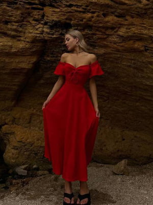 Муслінова червона сукня-міді зі шнурівкою на спинці | 6768426