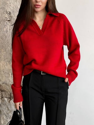 Червоний в’язаний напіввовняний пуловер-поло | 6768461