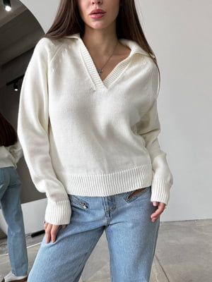 В’язаний напіввовняний пуловер-поло молочного кольору | 6768462