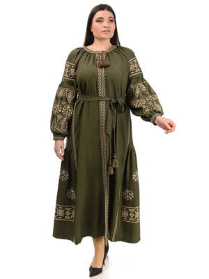 Вишукана льняна сукня-вишиванка “Мрія” кольору хакі | 6770135
