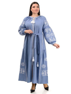 Вишукана льняна сукня-вишиванка “Мрія” джинсового кольору | 6770136
