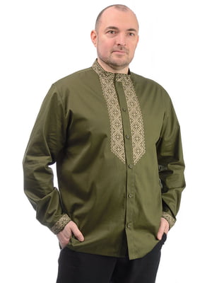 Котонова сорочка кольору хакі з орнаментованою вишивкою  | 6770142