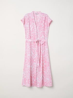 Платье А-силуэта бело-розовое в принт, дополненное поясом | 5952952