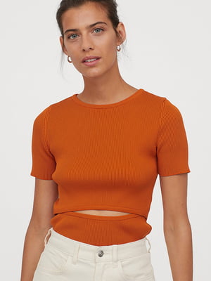 Оранжевая футболка в рубчик с вырезом спереди | 6774423