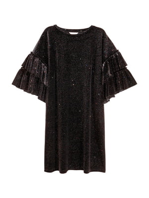 Велюрова чорна сукня з подвійними воланами на рукавах | 6774460