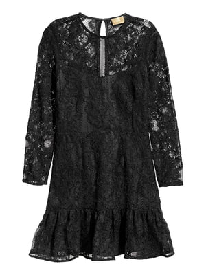 Черное кружевное платье с прозрачной кокеткой и оборкой снизу | 6774472