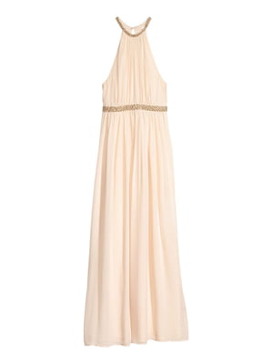 Бежевое платье-макси с декором из бисера | 6774479