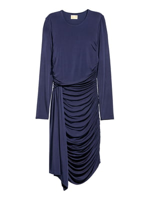 Темно-синее платье с асимметричной драпированной юбкой | 6774491