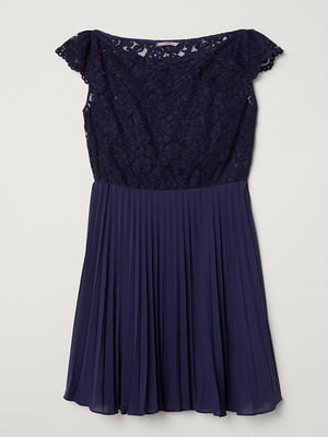Темно-синя сукня з мереживним ліфом та плісированою спідницею | 6774520