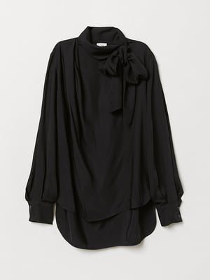 Свободная черная блуза с завязкой на воротнике-стойке | 6774729